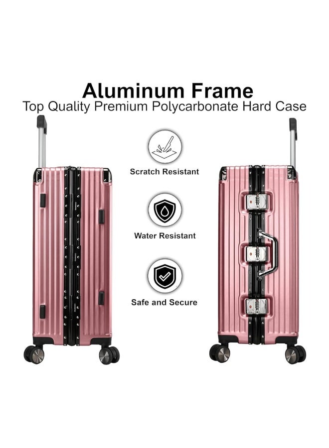 POGAGO Lightweight Aluminum Frame Polycarbonate Hard Case Luggage Set | 3-Piece Trolley Suitcase (20/24/28 Inch) | Silver Checked Luggage with 360° Double Spinner Wheels - Image 3